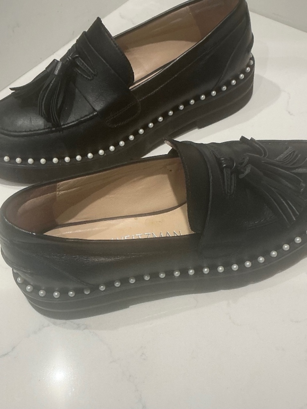 Stuart Weitzman Black Leather Mila Lift Pearl Tassel Loafers - Size 8.5B